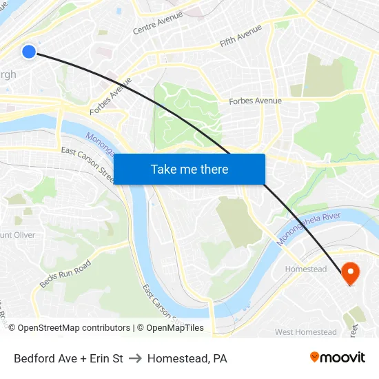 Bedford Ave + Erin St to Homestead, PA map