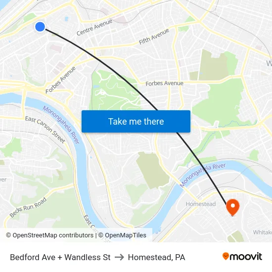 Bedford Ave + Wandless St to Homestead, PA map