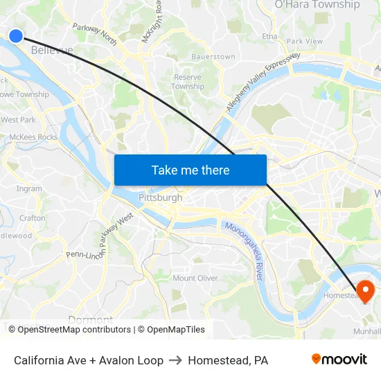 California Ave + Avalon Loop to Homestead, PA map