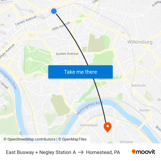 East Busway + Negley Station A to Homestead, PA map