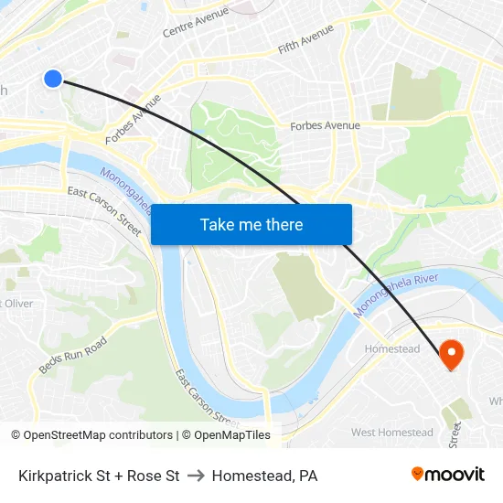 Kirkpatrick St + Rose St to Homestead, PA map