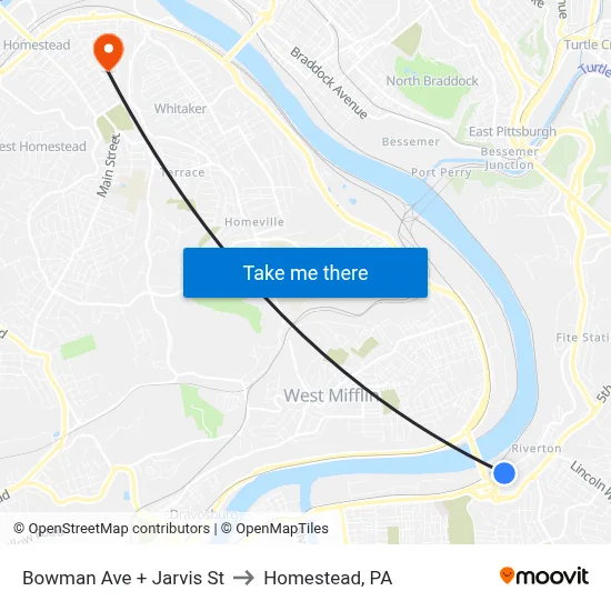 Bowman Ave + Jarvis St to Homestead, PA map