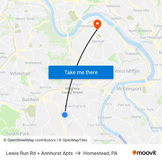 Lewis Run Rd + Annhurst Apts to Homestead, PA map