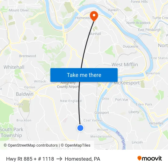 Hwy Rt 885 + # 1118 to Homestead, PA map