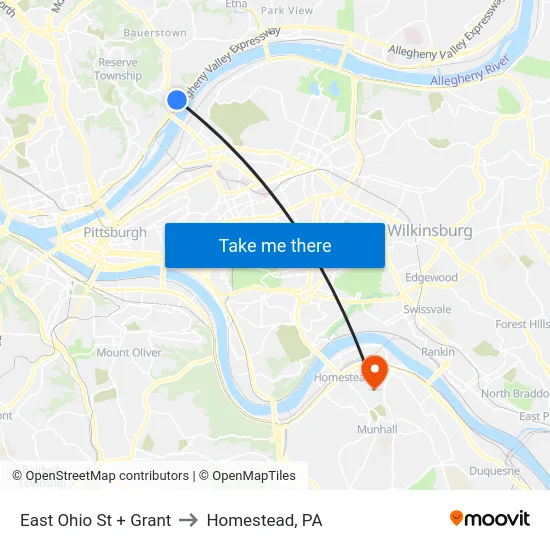East Ohio St + Grant to Homestead, PA map