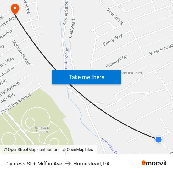 Cypress St + Mifflin Ave to Homestead, PA map