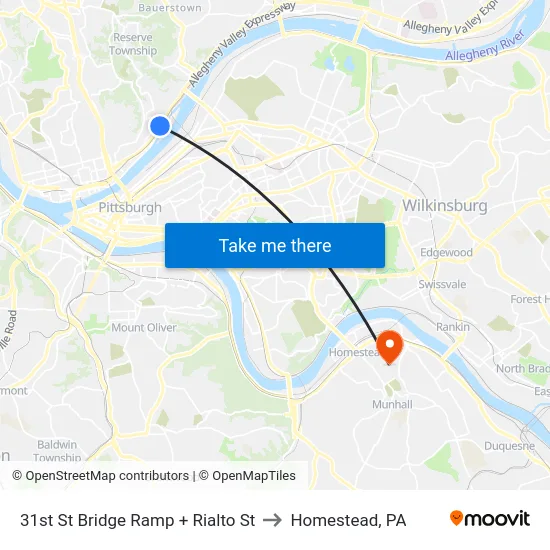 31st St Bridge Ramp + Rialto St to Homestead, PA map