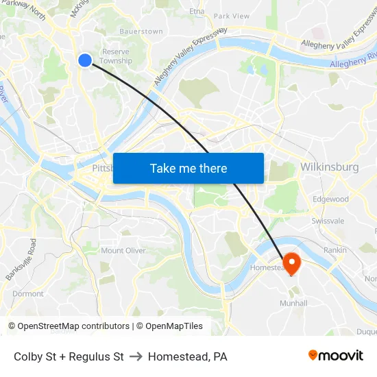 Colby St + Regulus St to Homestead, PA map