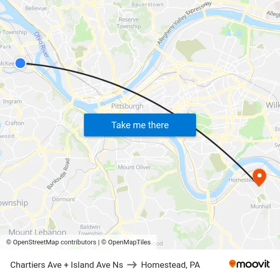 Chartiers Ave + Island Ave Ns to Homestead, PA map