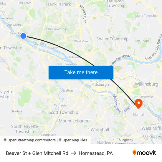 Beaver St + Glen Mitchell Rd to Homestead, PA map