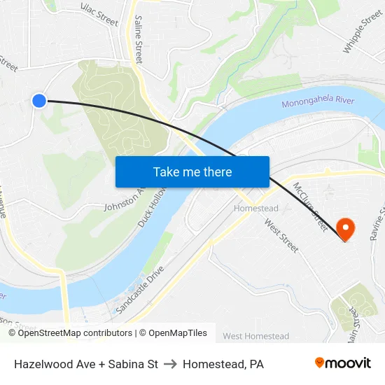 Hazelwood Ave + Sabina St to Homestead, PA map