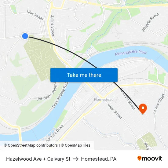 Hazelwood Ave + Calvary St to Homestead, PA map