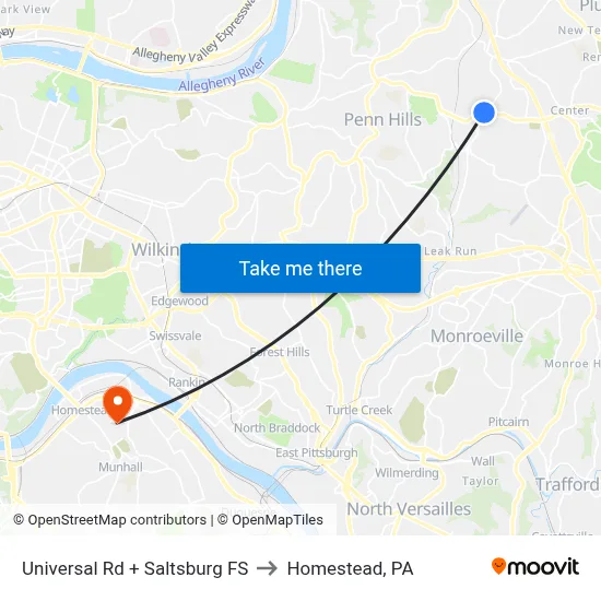 Universal Rd + Saltsburg FS to Homestead, PA map