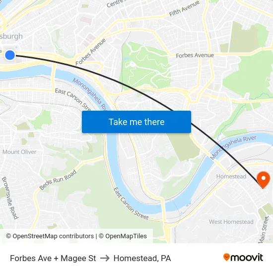 Forbes Ave + Magee St to Homestead, PA map
