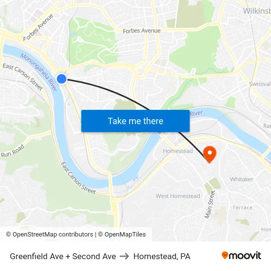 Greenfield Ave + Second Ave to Homestead, PA map
