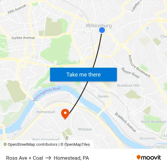 Ross Ave + Coal to Homestead, PA map