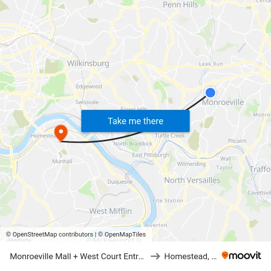 Monroeville Mall + West Court Entrance to Homestead, PA map