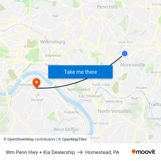 Wm Penn Hwy + Kia Dealership to Homestead, PA map