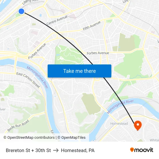 Brereton St + 30th St to Homestead, PA map