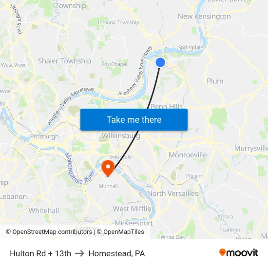 Hulton Rd + 13th to Homestead, PA map