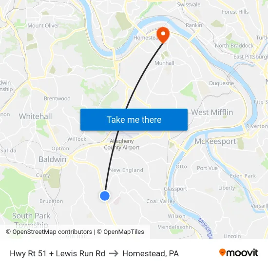 Hwy Rt 51 + Lewis Run Rd to Homestead, PA map