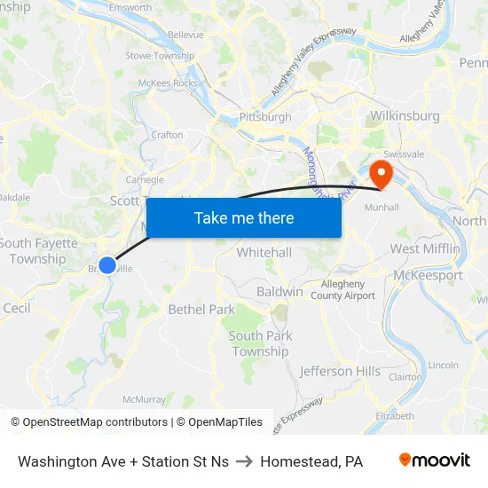 Washington Ave + Station St Ns to Homestead, PA map