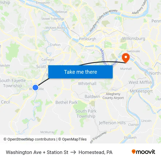 Washington Ave + Station St to Homestead, PA map