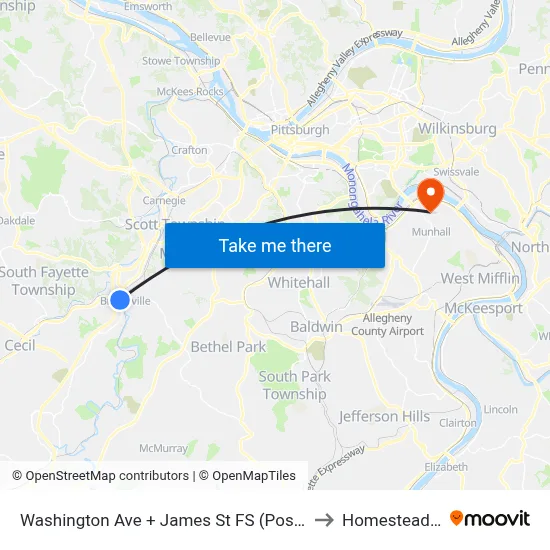 Washington Ave + James St FS (Post Office) to Homestead, PA map