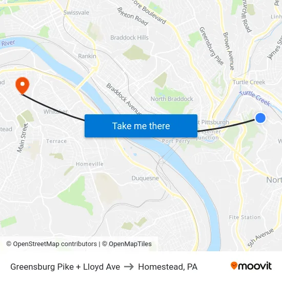 Greensburg Pike + Lloyd Ave to Homestead, PA map