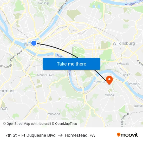 7th St + Ft Duquesne Blvd to Homestead, PA map