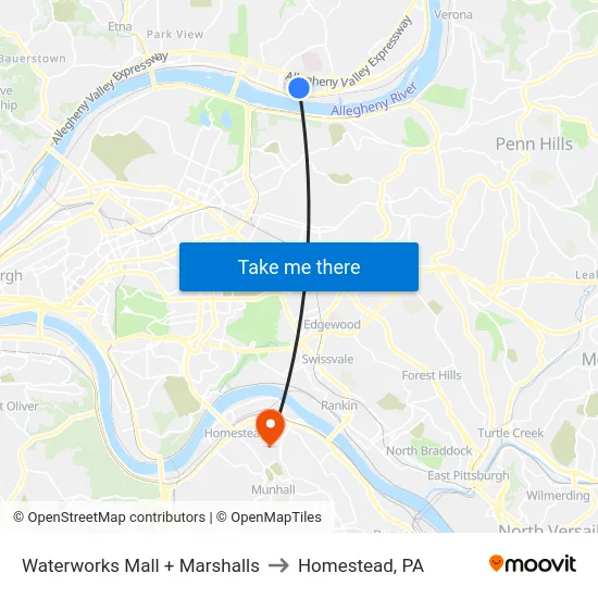 Waterworks Mall + Marshalls to Homestead, PA map