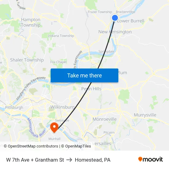 W 7th Ave + Grantham St to Homestead, PA map