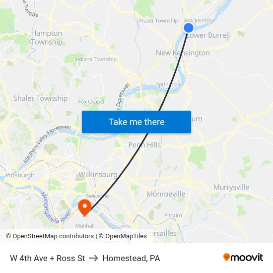 W 4th Ave + Ross St to Homestead, PA map