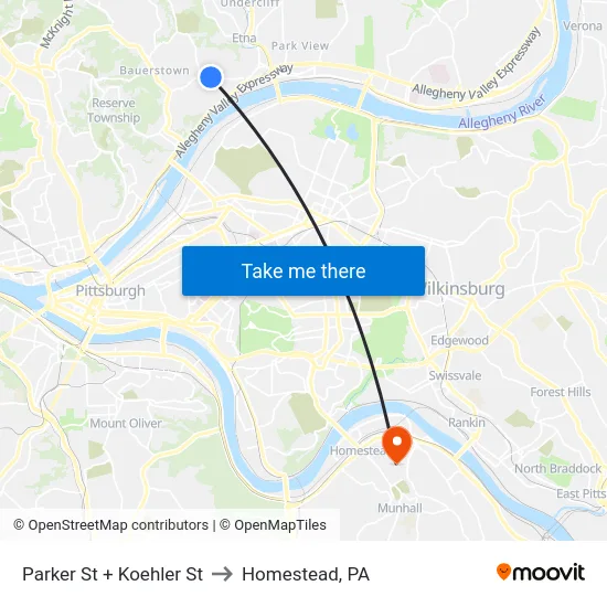 Parker St + Koehler St to Homestead, PA map