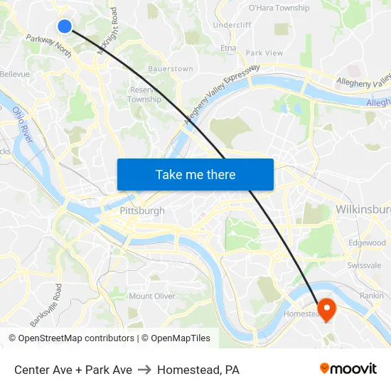 Center Ave + Park Ave to Homestead, PA map