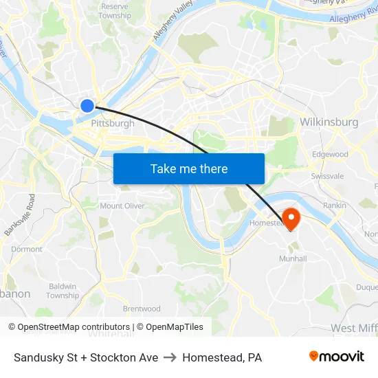 Sandusky St + Stockton Ave to Homestead, PA map
