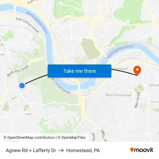 Agnew Rd + Lafferty Dr to Homestead, PA map