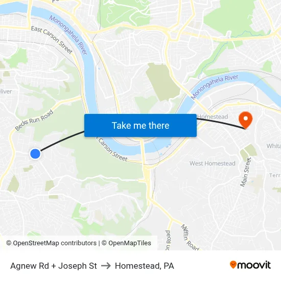 Agnew Rd + Joseph St to Homestead, PA map