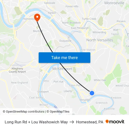 Long Run Rd + Lou Washowich Way to Homestead, PA map