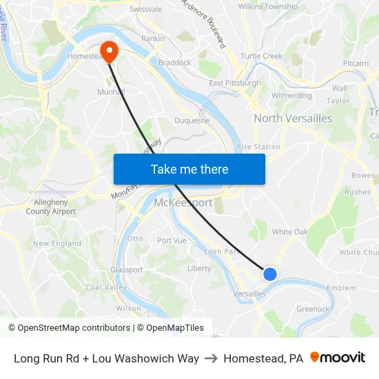 Long Run Rd + Lou Washowich Way to Homestead, PA map