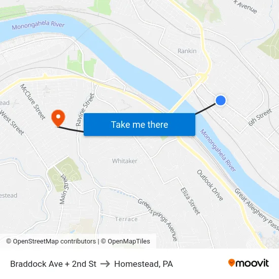 Braddock Ave + 2nd St to Homestead, PA map