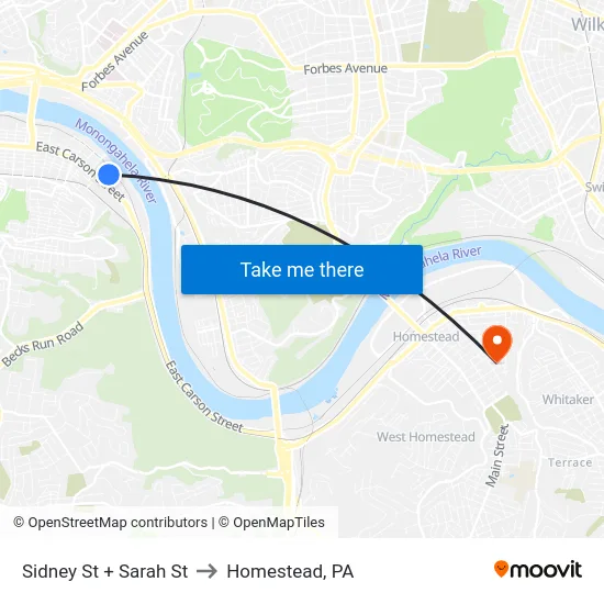 Sidney St + Sarah St to Homestead, PA map