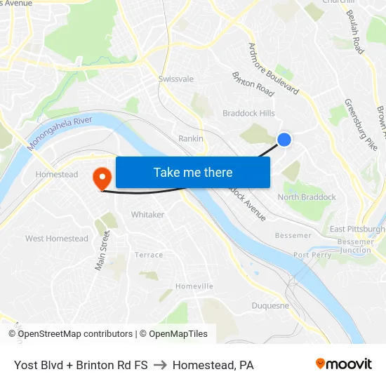 Yost Blvd + Brinton Rd FS to Homestead, PA map