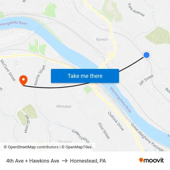 4th Ave + Hawkins Ave to Homestead, PA map