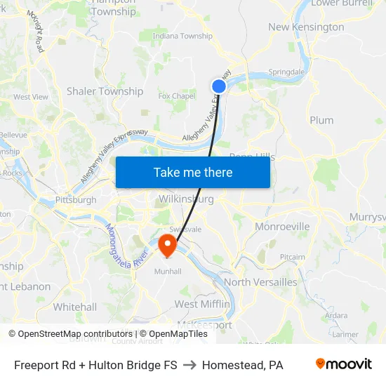 Freeport Rd + Hulton Bridge FS to Homestead, PA map