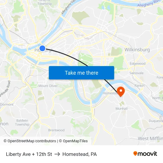 Liberty Ave + 12th St to Homestead, PA map