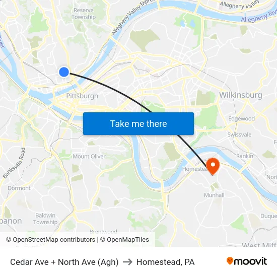 Cedar Ave + North Ave (Agh) to Homestead, PA map