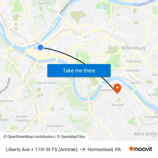 Liberty Ave + 11th St FS (Amtrak) to Homestead, PA map