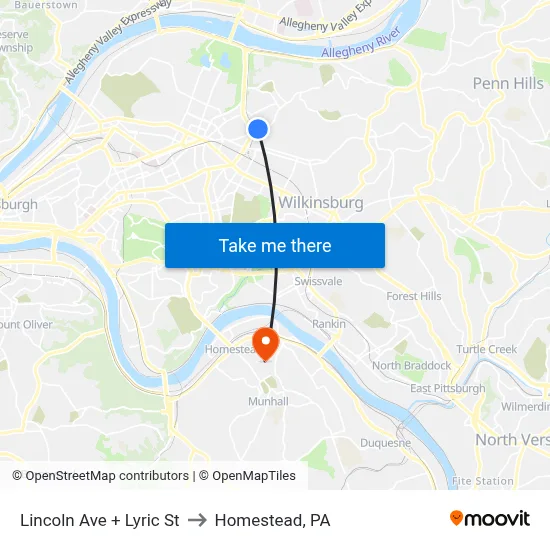 Lincoln Ave + Lyric St to Homestead, PA map
