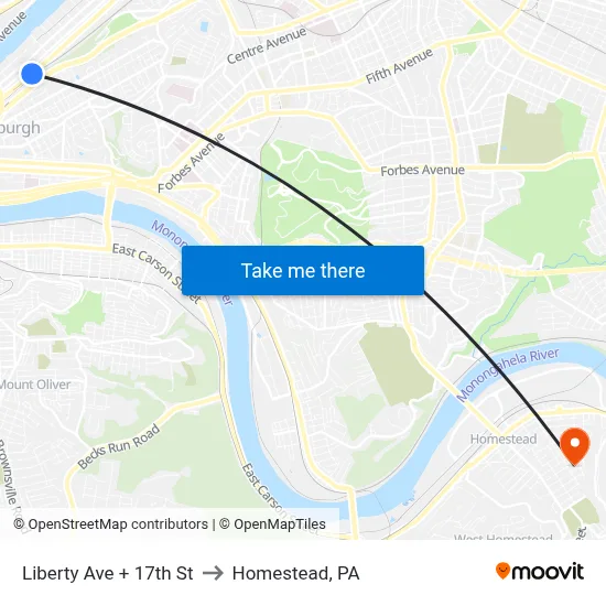 Liberty Ave + 17th St to Homestead, PA map